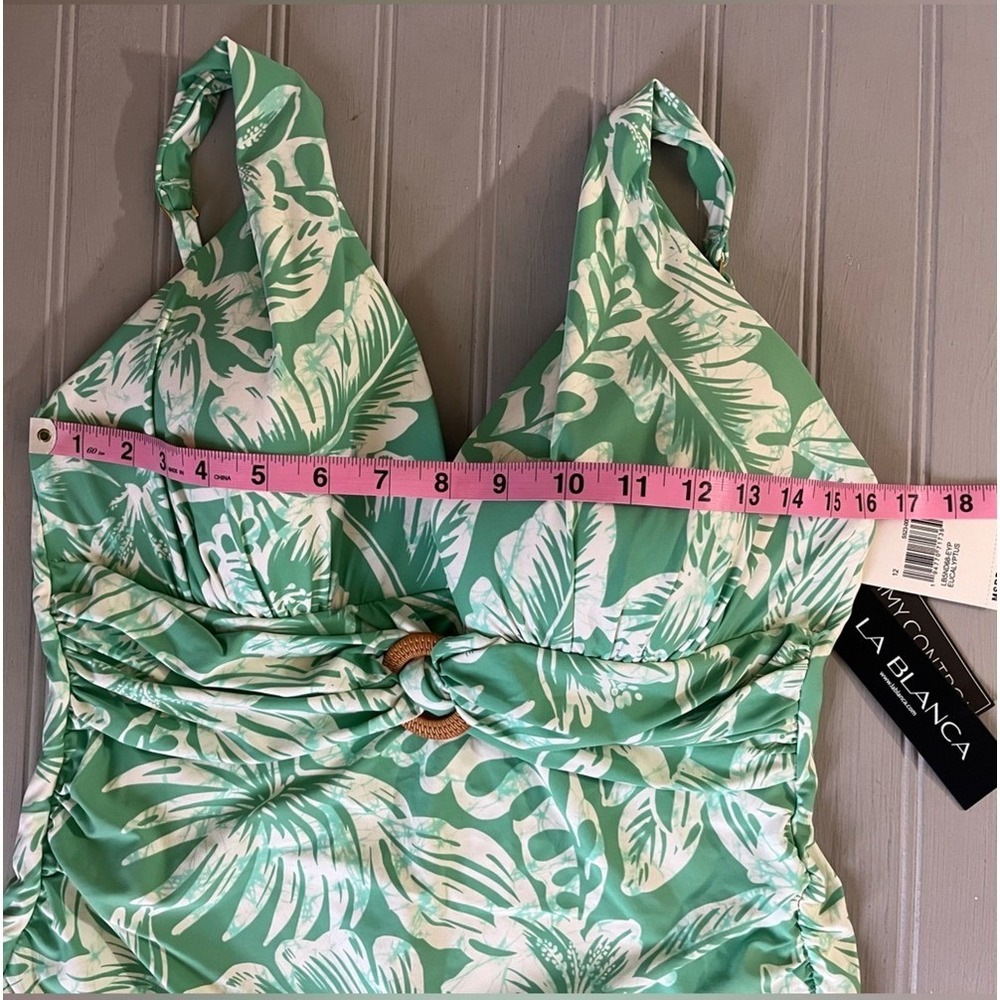 La Blanca V Neck Tropical Tankini Tummy Control Top Womens 12 Green White NEW - Picture 11 of 14